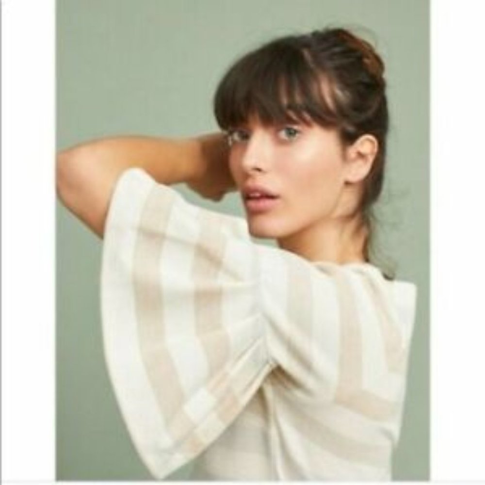 Anthropologie Cream and Beige Striped Flutter-Sleeve Top